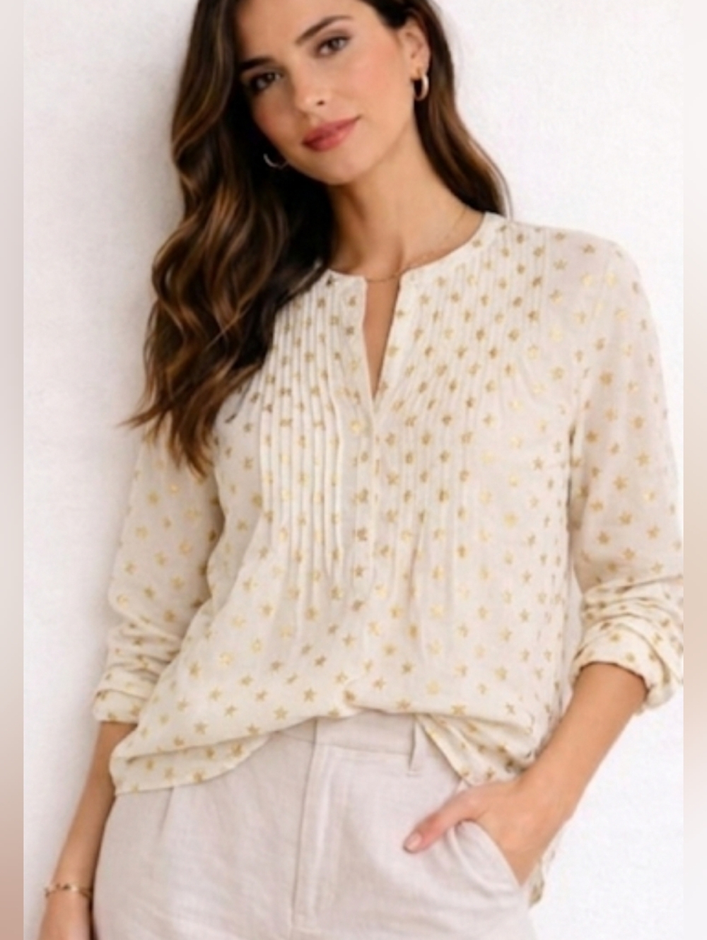 J Crew 100% Silk Cream Star-Print Long Sleeve Blouse Sz. 14 T - Picture 2 of 11